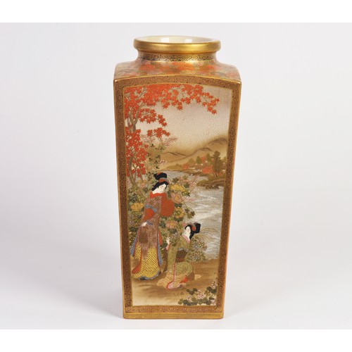 763 - A Superb Japanese Satsuma Square Shaped Vase decorated with Streams & Wisteria, Figures by Building,... 