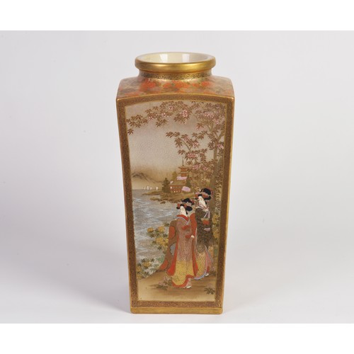 763 - A Superb Japanese Satsuma Square Shaped Vase decorated with Streams & Wisteria, Figures by Building,... 