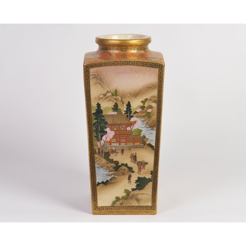 763 - A Superb Japanese Satsuma Square Shaped Vase decorated with Streams & Wisteria, Figures by Building,... 