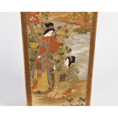 763 - A Superb Japanese Satsuma Square Shaped Vase decorated with Streams & Wisteria, Figures by Building,... 