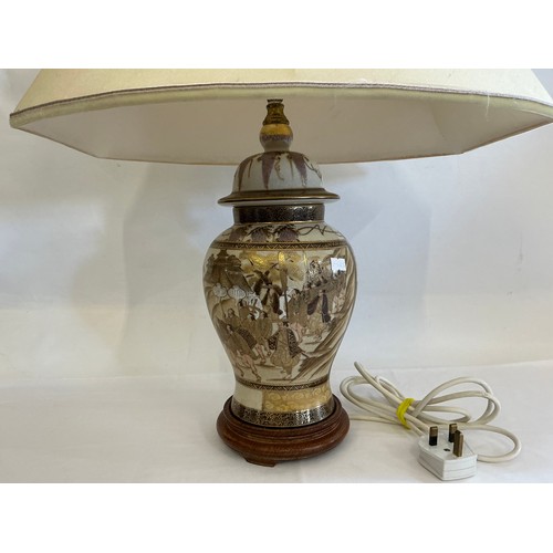 781 - A Japanese Satsuma design Table Lamp depicting a Group of Warriors & Attendants coming down a mounta... 