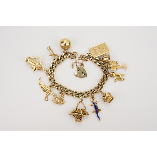 156 - A 9ct gold curb link charm bracelet, fitted with a 9ct gold heart shaped padlock clasp and suspendin... 