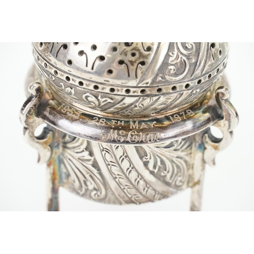 35 - A silver censer by James Dixon & Sons Ltd, featuring intricate engravings and pierced domed cover. E... 