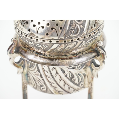 35 - A silver censer by James Dixon & Sons Ltd, featuring intricate engravings and pierced domed cover. E... 
