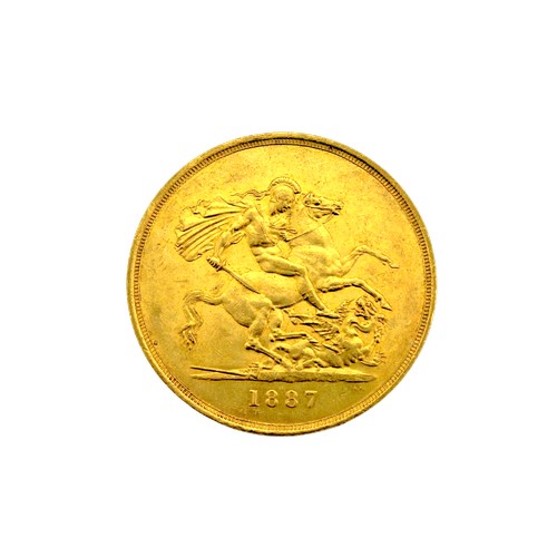 A Victorian gold five pound piece, jubilee head, 1887. 40 grams.