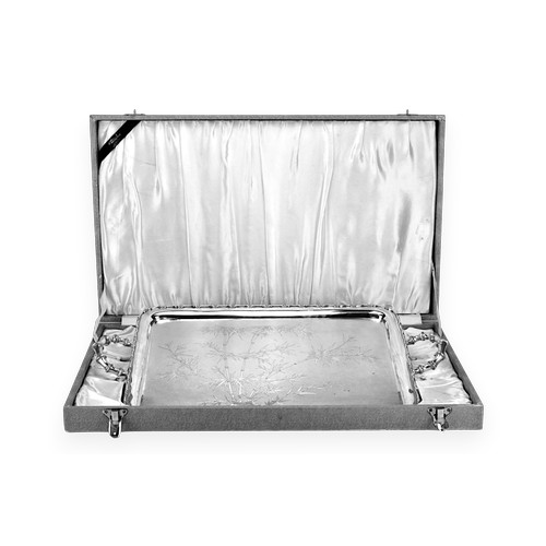 A Large Silver Bamboo decorated & Twin Handled Tea Tray with Egg & Dart border marked Waikee Hong Kong Sterling Silver in Original Box. Approx