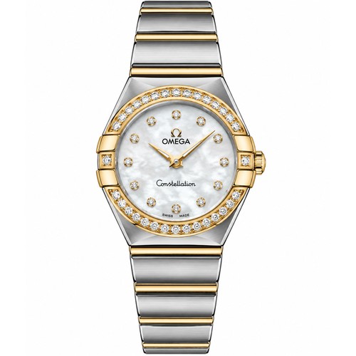 A Ladies Omega Constellation Watch with a 12 Diamond Mother of Pearl Dial, a Gold 28 Diamond Bezel, Stainless Steel & Gold Metal Strap complete with an Original Box, Book, Warranty Cards, etc. Cost New Today, £6K +.