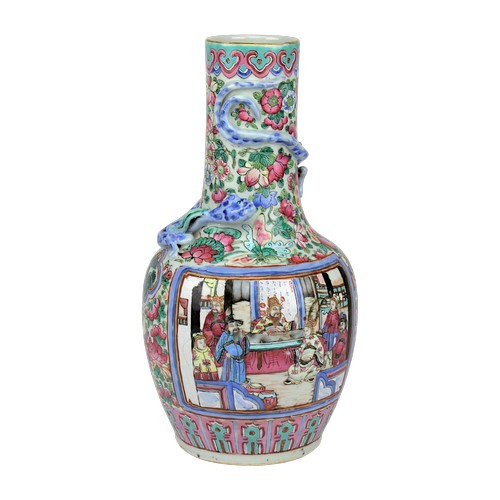 A Chinese Cantonese enamelled vase, decorated with scenes of interiors, peacock feather dress, dragon decorated on a floral lotus ground. 13 inches.