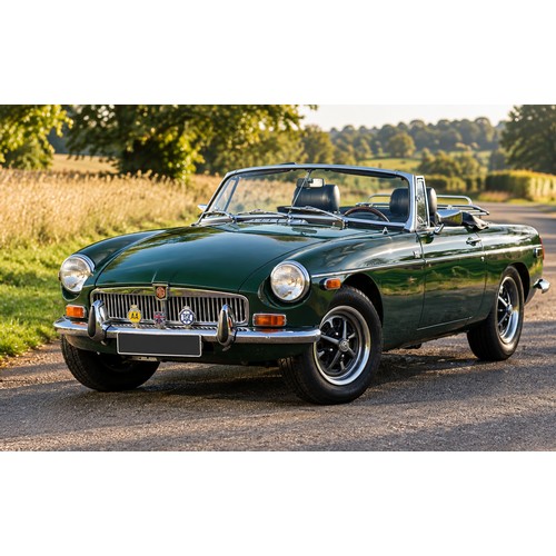 A Lovely 1974 "M.G.B. Roadster" finished in British Racing Green with Black interior, Only 2 Owners From New, Tonneau cover, luggage rack, Lovely condition with a huge file of invoices over the years, Current Registration Document, Service History & Keys in Office. 87,000 miles.
