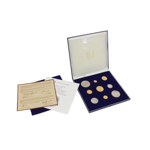 A Scarce 1972 Bailiwick of Jersey Gold & Silver Royal Wedding Anniversary Set of 9 Gold & Silver Coins Complete with a Leaflet, a Certificate & Original Box, dated 30.3.73.