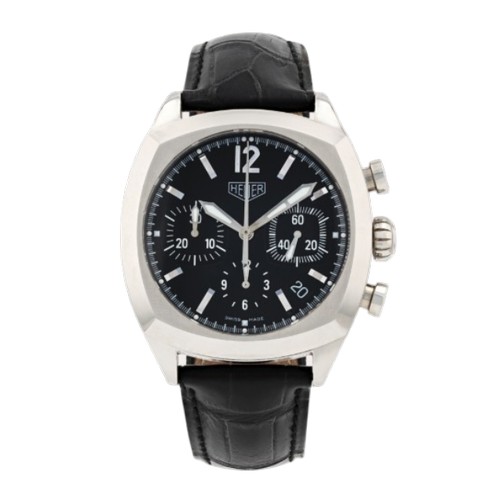 A 'TAG HEUER' MONZA classic chronograph gentlemans watch. Stainless Steel, Black leather Strap, Black face with Sapphire Crystal, Water Resistance up to 30 Meters with box and papers.