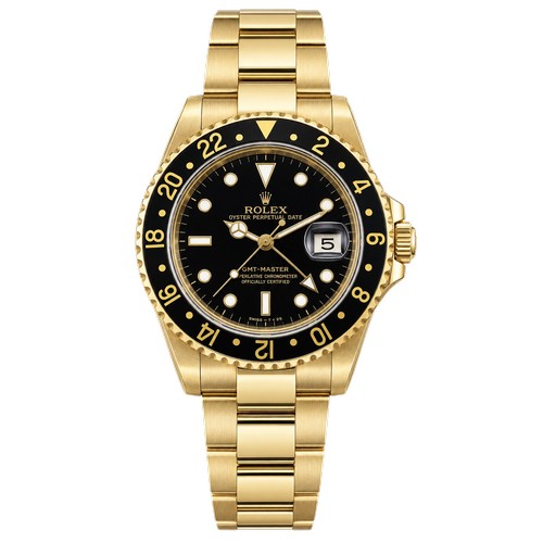 A Rolex GMT-Master II in 18k Yellow Gold, Oyster Perpetual, Gents Wristwatch. Black dial with date at 3 0'clock, an 18k yellow gold bi-directional 24 hour bezel with a black ceramic bezel insert, an 18k yellow gold oyster bracelet & lock clasp marked 78798, sapphire glass, automatic movement, etc.  Comes complete with a Rolex box and Guarantee dated May 2004. No: A812455.