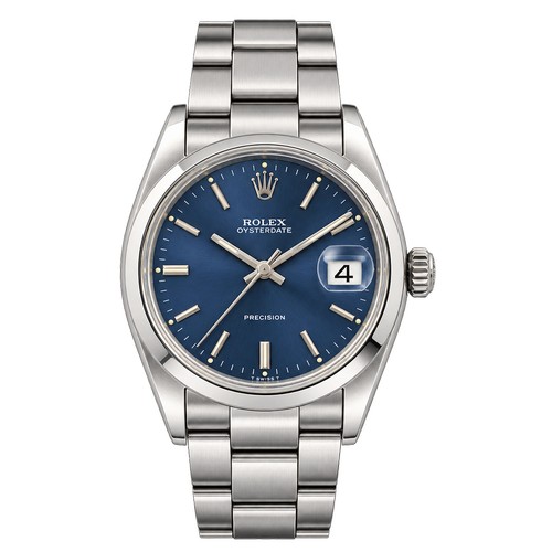 A Rolex Stainless Steel Watch, Oyster Date Precision with a Blue Dial on an Oyster Bracelet.