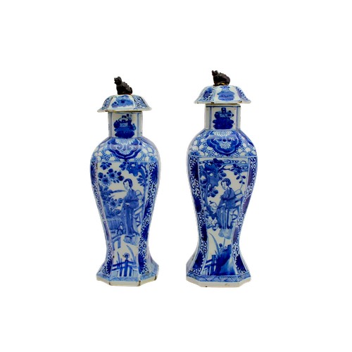 A Pair of 1700's Chinese Cheng Lung Period Hexagonal Shaped Bottle Vases. Decorated in Blue & White. Measuring: 31cms High.