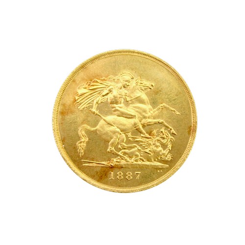 A Scarce 1887 Queen Victoria 5-Sovereign (£5) Gold Coin with blue box. Weighing: 40 grams.