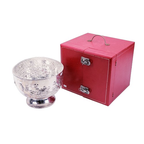 A Hong Kong made Silver "WAIKEE" Rose Bowl on a pedestal base contained in an Original Box with Key in envelope. Weighing: 1258 grams. 26cm diameter, height 20cm, base 16cm