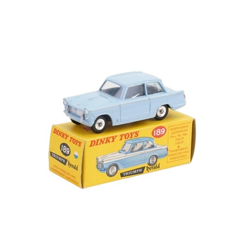 A Scarce model of a Dinky No: 189 "Triumph Herald" finished in LIGHT BLUE. The model is in Very Near Mint Original Condition & comes in an Excellent Original Box. This model has come from it's Original Owner whose Father owned a Triumph Car Dealership in 1959. This model would have been purchased through the Parts Department & was not available to buy in Toy Shops in this Scarce colour. A Very Rare Find!!