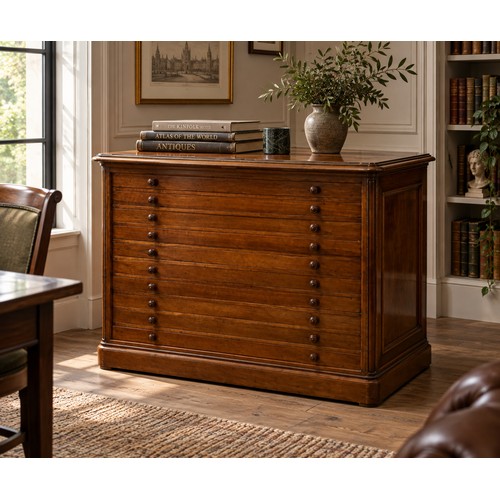 A Mid Victorian Honduras Mahogany, Lift Top Map Chest, Fitted with 10 Drawers with Turned Knobs and Brass Cresting to Top. Measuring: 142cms Wide x 97cms Deep x 105ms High. (Cost £12,500.00 in the 1990s with Original Paperwork).