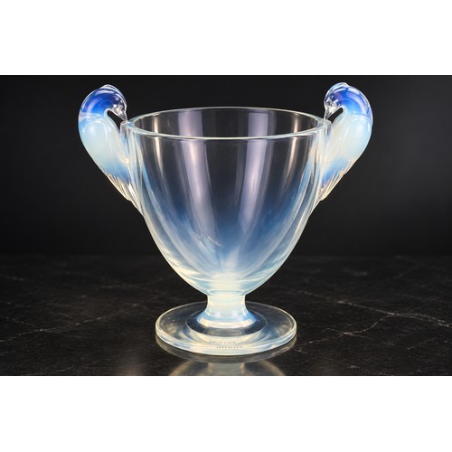 A 1920s "René Lalique" moulded Opalescent Glass  Two Handled Vase. Height including birds 19cms.