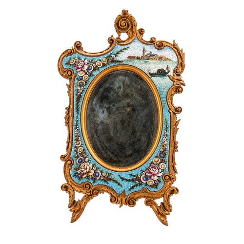 A Stunning 19th Century Venetian Micro Mosaic Mirror with scenes of Venice & Flowers in a Wooden Frame. (AF).  Measuring:  66cms x 40cms.