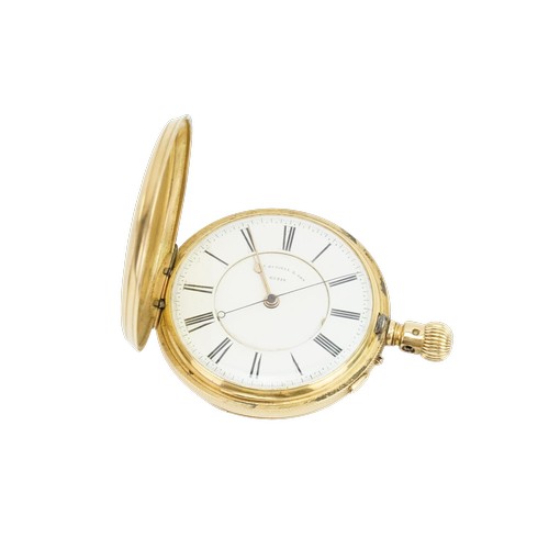 A 1905 18ct gold full hunter pocket watch, Russell & Sons of Liverpool. A white and black Roman numeral dial. Inscribed 67218 makers to the Queen. Makers mark TR. Weight 147g.