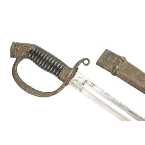 A Russian Cavalry Sword with a ribbed handle, 'S' shape & fold over scrolling monogram of Tzar Nicholas II contained in a Leather Scabbard.