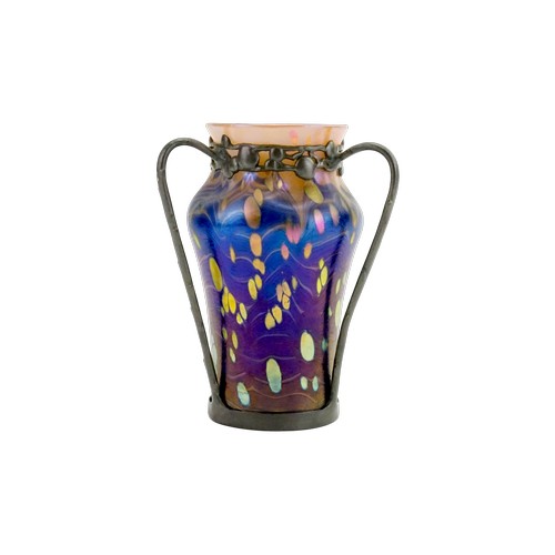 A "Loetz" Multi Blue & Green Lustre Vase mounted in Pewter with Whiplash & Honesty Flowers. Measuring: 18cms.

Condition:
There is a minor nibble to the rim, photographs attached. Kind regards Lymington Auictions