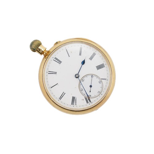 A 18ct gold pocket watch, with a Rochdale mechanism, Roman numeral and sub second dial. Weight 133g. The watch is currently working, but as always we cannot guarantee it will continue to work.
