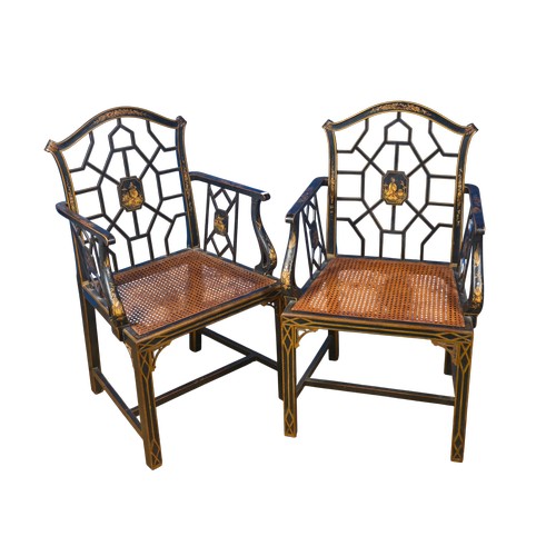 A Pair of Chippendale designed Lattice Back Late 1920s Black Lacquered & Chinoiserie decorated Arm Chairs with Court Figures, Asian Pheasants decorated arms, Mother of Pearl inlay, Cane Seats & Cross-Stretchers.