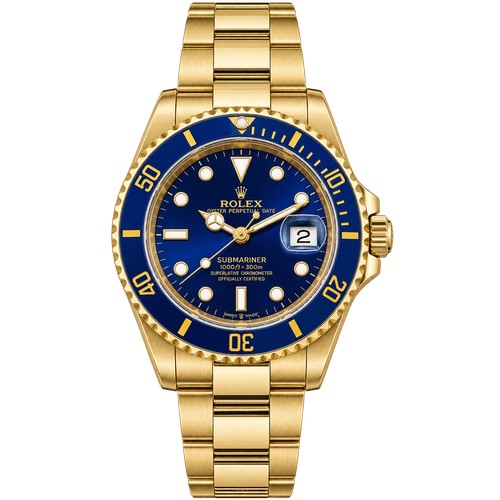 A Lovely 1 Owner Gentleman's 2004 "Rolex Submariner Oyster Perpetual Date GTS" (40mm) Wristwatch in Yellow Gold with a Blue Bezel & Blue Face. The Watch has had very little use & comes Complete with the Original Receipt from 24th March 2004 From Watches of Switzerland in Oxford Street, London, both Tags, Anchor & Chain, Three Booklets, Leather Wallet with Calendar & Booklet, Original Guarantee & Original Wooden Box & Outer Green Box. Serial No: Y762344. Model No: 16618.