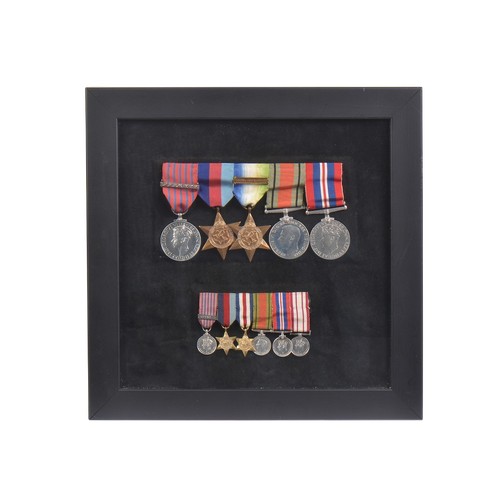 A Framed Set of WWII Medals to include The George Medal (Laurel Leaf Bar), Atlantic (France & German Bar) & 39-45 Stars, Two Defence & Miniatures.