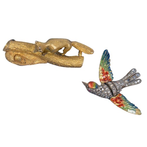 A Lovely Diamond & enamelled set Bird Brooch with moveable Wings & a Fox Brooch depicting a Fox looking at a Rabbit going to ground.
