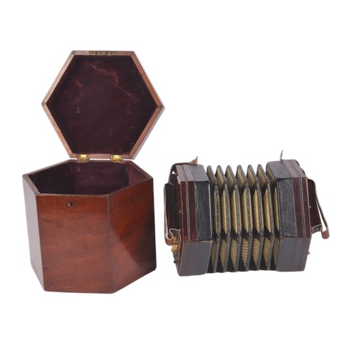 A Late 19th Century Mahogany Cased Concertina Squeeze box No: 67997 with steel Reeds & English made Contained in an Original Wooden Case.
