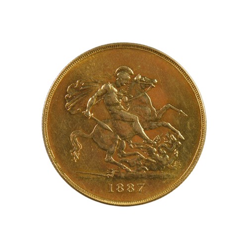 A Queen Victoria Jubilee Head 1887 "£5 Gold Coin" in Near Proof Condition. Weight: 40 grams. (Spink Reference: 3864).