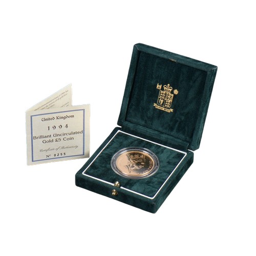 A 1994 Brilliant Uncirculated Queen Elizabeth II £5 Gold Coin Complete with the Original Box & Limited Edition Certificate No: 0255/1000 made.