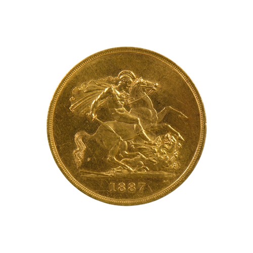 A Queen Victoria Jubilee Head 1887 "£5 Gold Coin" in EF+ Condition. Weight: 40 grams. (Spink Reference: 3864).