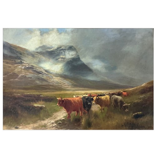 An Oil on Canvas "H. Hadfield-Cubley" dated 1898 Painting of Highland Cattle grazing with mountains in the background in a Gilt Frame. Measuring: 86cms x 60cms. (Frame Size).