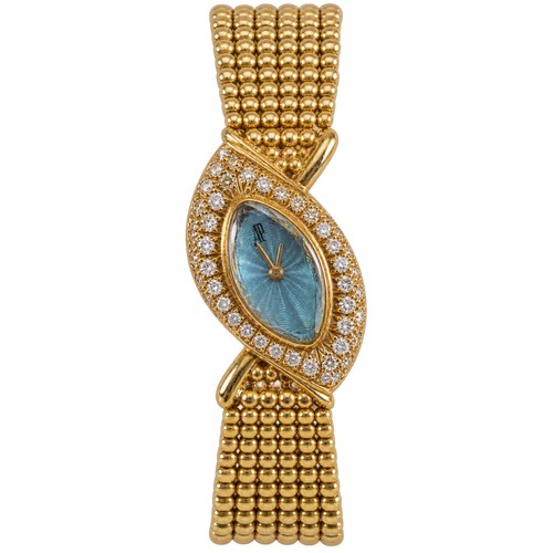 A ladies Audemars Piguet wristwatch in 18k yellow gold, featuring a blue enamel dial surrounded by a pavé diamond bezel. The bracelet is crafted in 18k yellow gold with a beaded design. Quartz movement. Case No. C 31438. Length 16.5 cm. No box or papers.