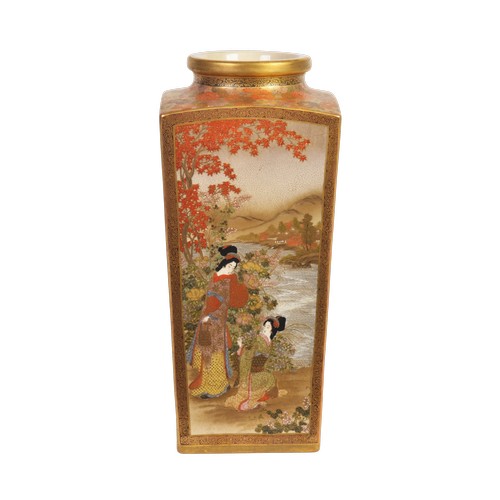 A Superb Japanese Satsuma Square Shaped Vase decorated with Streams & Wisteria, Figures by Building, Temple & Procession & Beauties by River. Measuring: 31cms High.