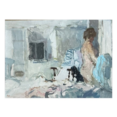 A "Bernard Dunstan" R.A. (1920-2017) Oil on Board of a Semi-Nude Lady in her bedroom entitled "White Cottage Room", Framed. Measuring: 32cms x 23cms.