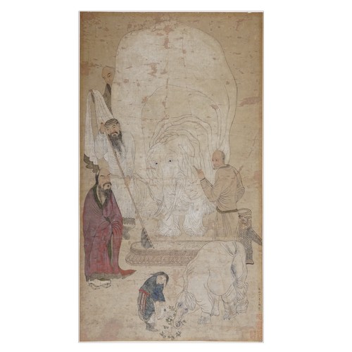 An early Chinese Qing dynasty painting, possibly late 17th/early 18th century, in the style of Li Gonglin (1049–1106) From the Song dynasty, depicting the Washing of the Elephant, the extensive figural composition with attendants and scholars gathered around an elephant, painted in ink and colour on a fine paper or textile support, traditionally mounted with woven textile and paper backing. Bearing a vertical inscription apparently reading “Longmian Shanren Li Gonglin zhi”, together with numerous red seal marks.