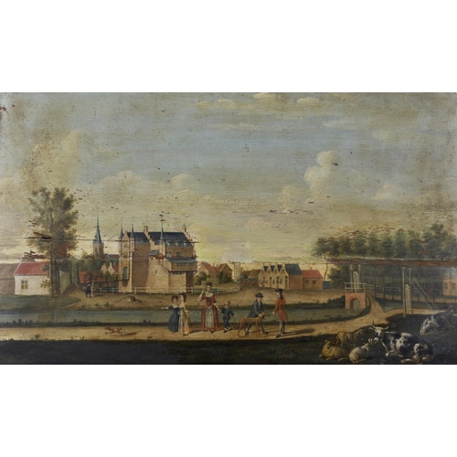 28 - 18th Century English School. A Naïve Landscape with Figures and Cattle, Oil on Panel, Unframed, 20