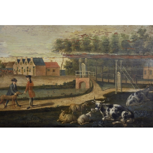 28 - 18th Century English School. A Naïve Landscape with Figures and Cattle, Oil on Panel, Unframed, 20