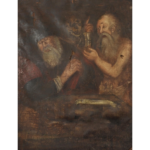 32 - 16th Century Northern European School.  The Reckoning of the Money Lender, with a Skull behind, Oil ... 