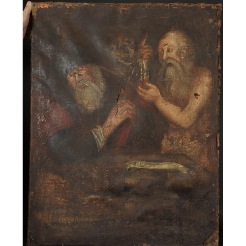 32 - 16th Century Northern European School.  The Reckoning of the Money Lender, with a Skull behind, Oil ... 