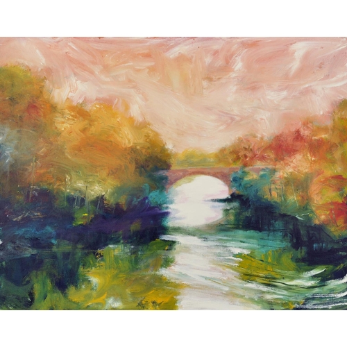 441 - 20th Century English School. A River Landscape, with a distant Bridge, Oil on Board, 28.5