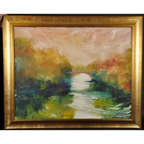 441 - 20th Century English School. A River Landscape, with a distant Bridge, Oil on Board, 28.5