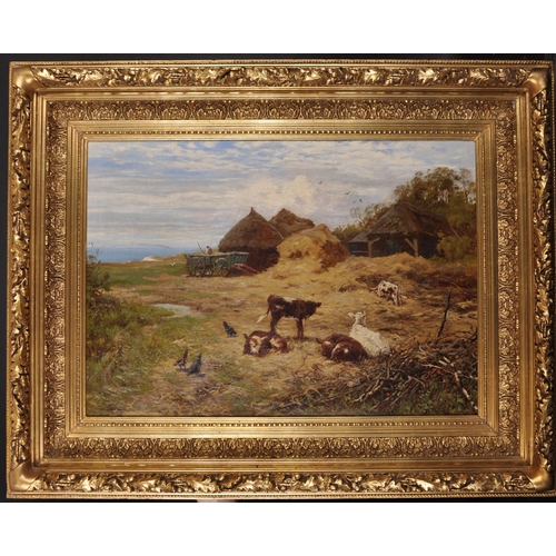 121 - Tom Lloyd (19th Century) British. A Farm Scene with Hay Stacks, with Cattle and Chickens in the fore... 