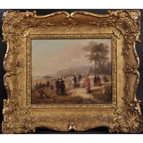 127 - Early 19th Century English School. A Coastal Scene with Elegant Figures, Oil on Canvas, 7.5” x 9.5” ... 