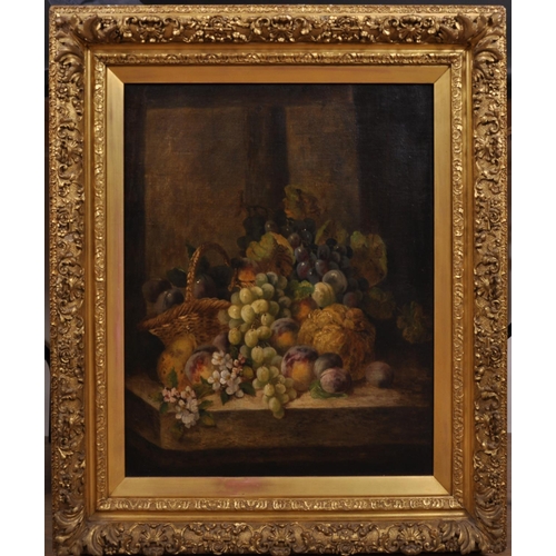 131 - 19th Century English School. A Still Life of Fruit and a Wicker Basket on a Ledge, Oil on Canvas,  2... 